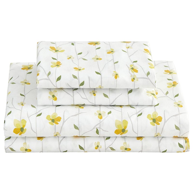Softan Yellow Floral Sheets for Queen Size Bed Printed Bed Sheets - 4 Piece Soft Microfiber Patterned Fitted Sheets Queen with 15" Deep Pocket and Corner Straps,Cute Flower Sheets & Pillowcase Set - Image 1
